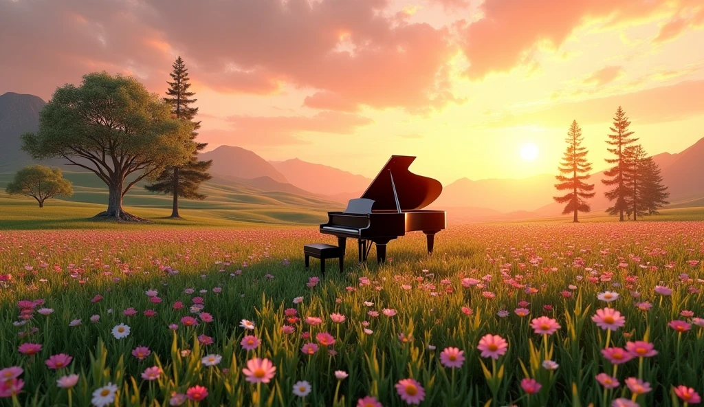  A large black grand piano set in a field of pink and white flowers. The flowers are lush and green, spreading toward the horizon. The sun casts a low, warm golden light over the scene, creating a peaceful, serene atmosphere. The sky is rendered in soft shades of orange, pink, and purple, blending beautifully with the distant mountains and hills. The trees scattered in the distance, some large and solitary, add depth to the scene. The overall mood is serene, capturing the beauty of nature in a soft, detailed, photorealistic style.”

Translated with DeepL.com (free version)