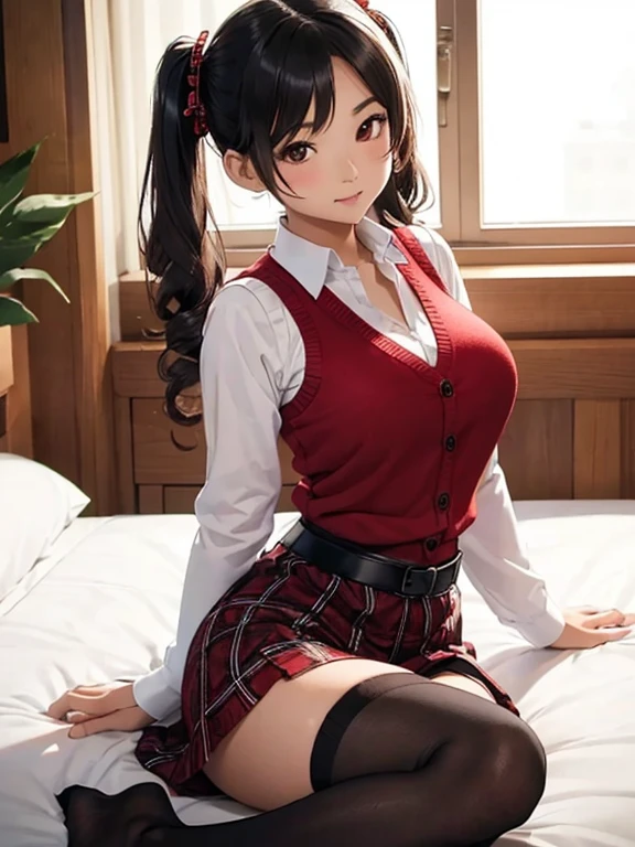 Young Asian  beautiful woman, tanned skin, (Long sleeved shirt:1.2), (blossomed), (red sweater vest), (neckline), big breasts, (black plaid skirt), (white thigh high stockings), (curly pigtails), bedroom, big windows, pose sexy, seductive pose
