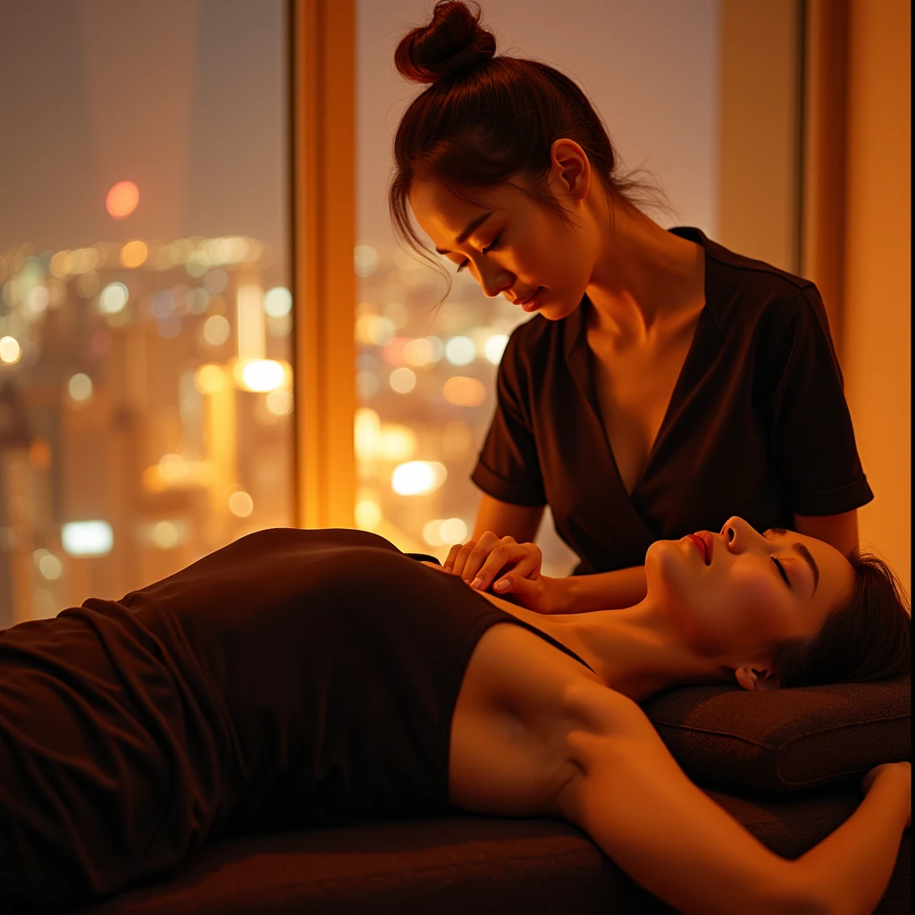 Professional photograph taken with a DSLR camera. A serene, luxurious room in a high-rise apartment with floor-to-ceiling windows showcasing a stunning nighttime cityscape. In the foreground, a fully clothed Japanese female massage therapist is performing a professional massage. She is wearing a modest, high-necked black cutsew with short sleeves, exposing only her forearms. Her expression is soft and gentle, with a subtle smile. Her skin appears smooth and flawless. The client, also a Japanese woman, lies face down on a massage table, fully covered with a soft towel. Only her face is visible, eyes closed, showing a deeply relaxed, almost dreamy expression. She appears to be drifting off to sleep, completely at ease. Her skin also has a beautiful, healthy glow. The lighting is warm and soft, creating an intimate and calming atmosphere. The overall composition is balanced and aesthetically pleasing, capturing the essence of relaxation and professional care. The image should be appropriate for all audiences, with no suggestive or revealing elements.