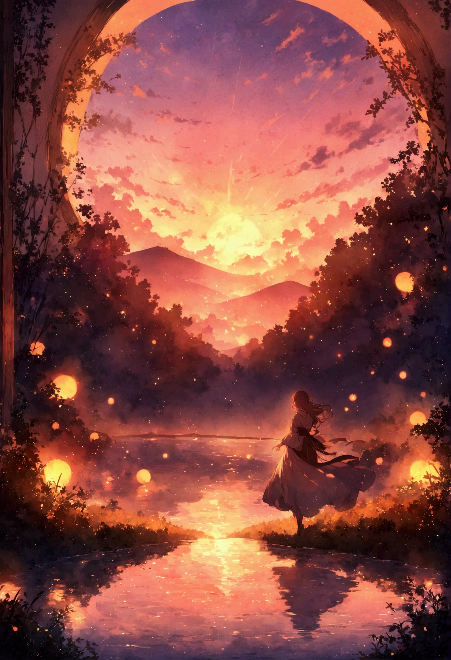 A young woman wearing headphones, I was mesmerized by the beautiful sunset in front of me.. She radiates peace and contentment, As she basked in the beauty of nature，Her eyes reflect the warm colors of the sky. The scene is presented in a beautifully detailed anime-style painting, Capturing the girl&#39;s serene expression and the vibrant colors of the sunset. Warm lighting and cozy environment，Make her home warm and comfortable, Enhances the overall sense of tranquility and comfort emanating from the image.