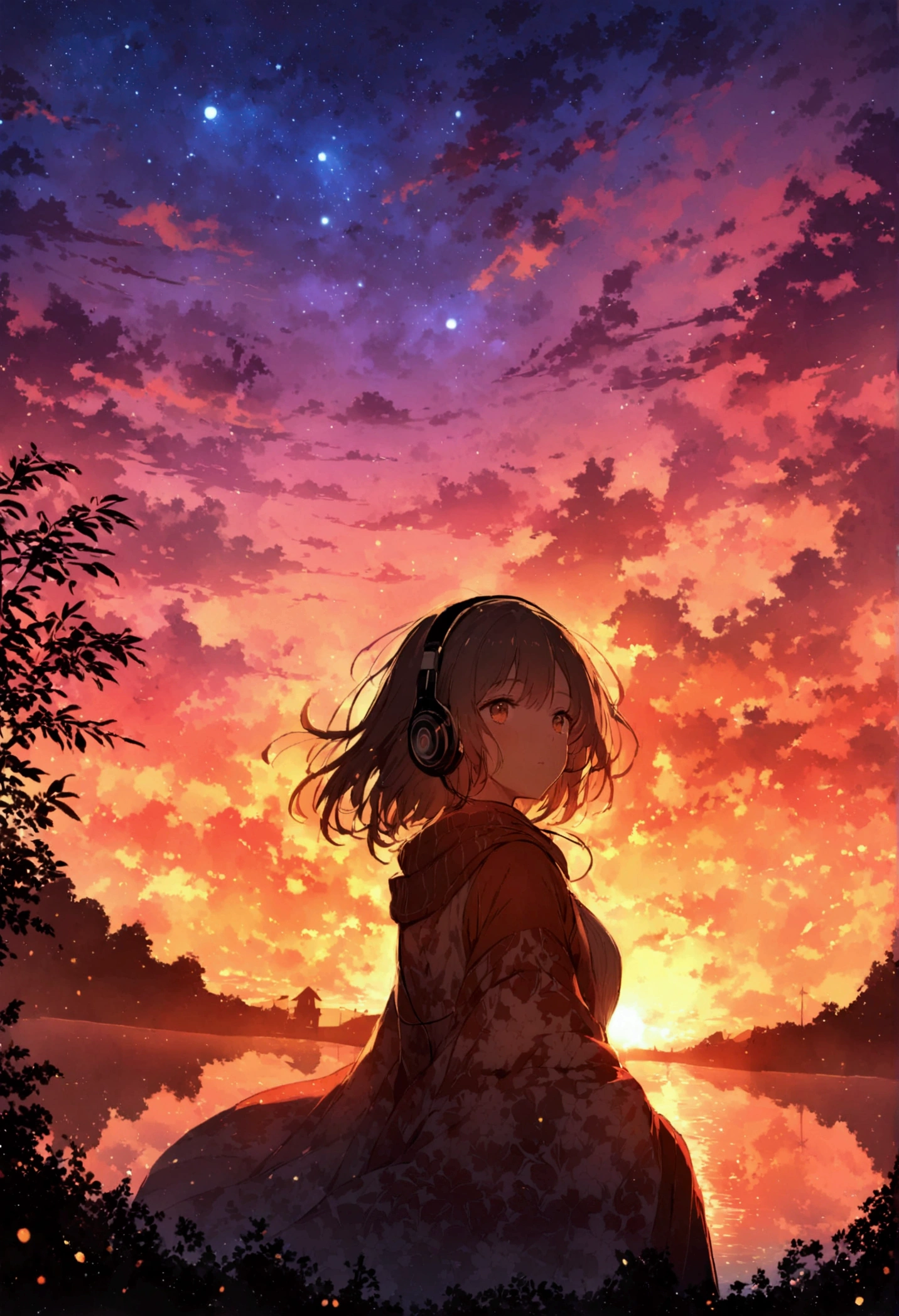 A young woman wearing headphones, I was mesmerized by the beautiful sunset in front of me.. She radiates peace and contentment, As she basked in the beauty of nature,Her eyes reflect the warm colors of the sky. The scene is presented in a beautifully detailed anime-style painting, Capturing the girl's serene expression and the vibrant colors of the sunset. Warm lighting and cozy environment,Make her home warm and comfortable, Enhances the overall sense of tranquility and comfort emanating from the image.