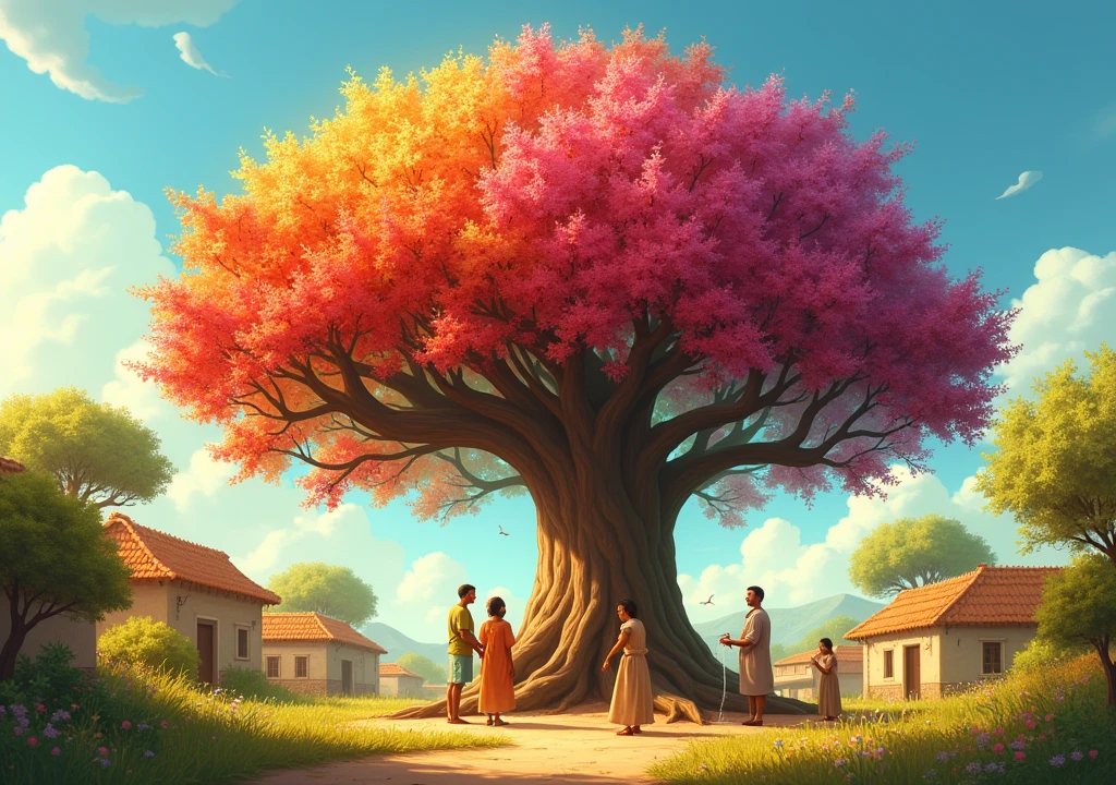 "The village is bathed in warm sunlight, with everyone looking happy and peaceful. Ali and the villagers are taking care of the large tree, watering it and tending to its flowers. The tree is blooming with colorful flowers, symbolizing love and unity in the village."