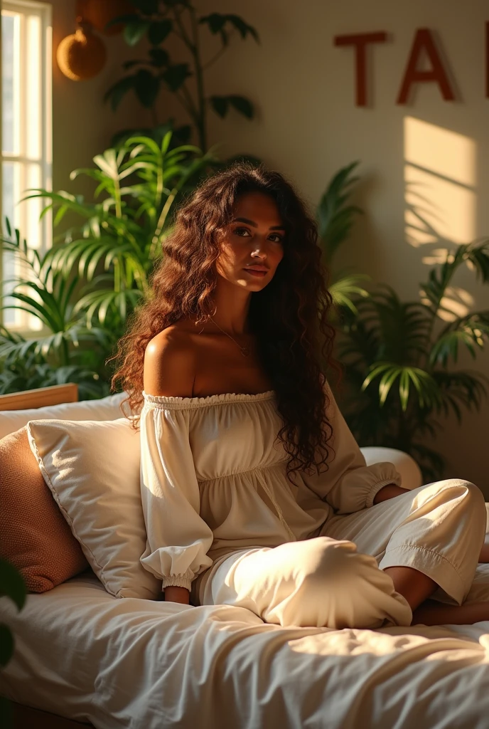 (photorealism:1.2), beautiful woman, sitting on bed, wearing loose off-shoulder top, pajama pants, long curly hair, indoors, soft lighting, plants in background, window with sunlight, cozy room, relaxed pose, realistic, intricate details, warm colors, by Greg Rutkowski, by Alphonse Mucha. Draw letters on the inside wall of TAK TEXTILES VINA.