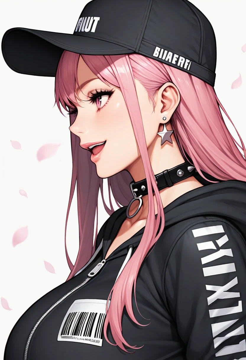 (masterpiece:1.2), best quality,PIXIV, beautiful Rebellious girl,portrait, 
1girl, hat, open mouth, glossy lips, pink hair, solo, mischievous smile, long hair, white background, jewelry, badge, button badge, hood, pink eyes, earrings, simple background, harajuku inspired jacket, long eyelashes, from side, hood down, star (symbol), profile, upper body, clothes writing, zipper, collar, massive accentuated super huge enormously gigantic breasts, chain, sexy seductive, cherry blossoms blowing in the wind, hat ornament, piercing, barcode, portrait, sticker, hoodie, smile, spikes, baseball cap
 