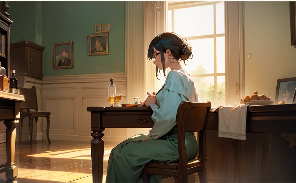 Woman sitting on the table. There is a man opposite her.