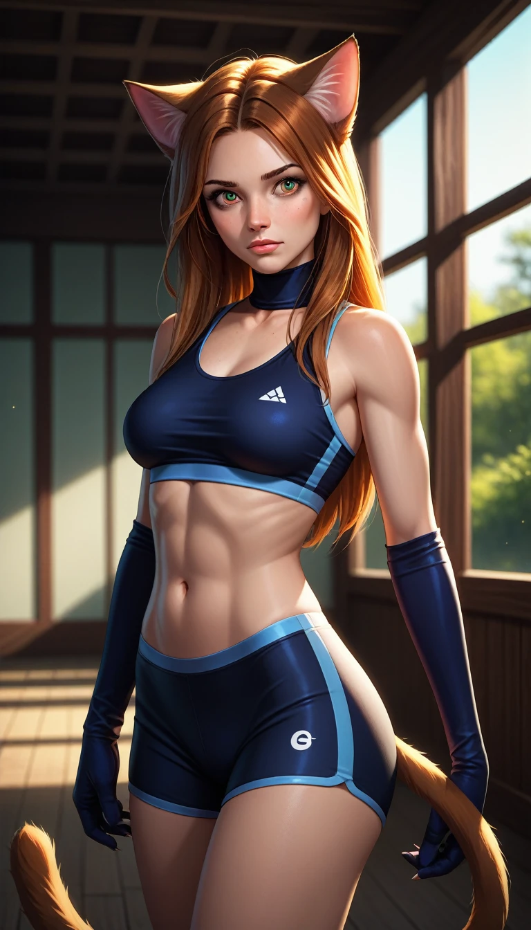 score_9, score_8_up, source_furry,

three-quarter portrait, front view, looking at viewer, a cat, Slim physique, weak, cat tail, long hair, in a high neck sports bra, in tight shorts, wearing UFC gloves, Standing in the UFC ring, 
best quality, detailed, detailed background, detailed foreground, depth of field, ambient silhouette, backlighting,


