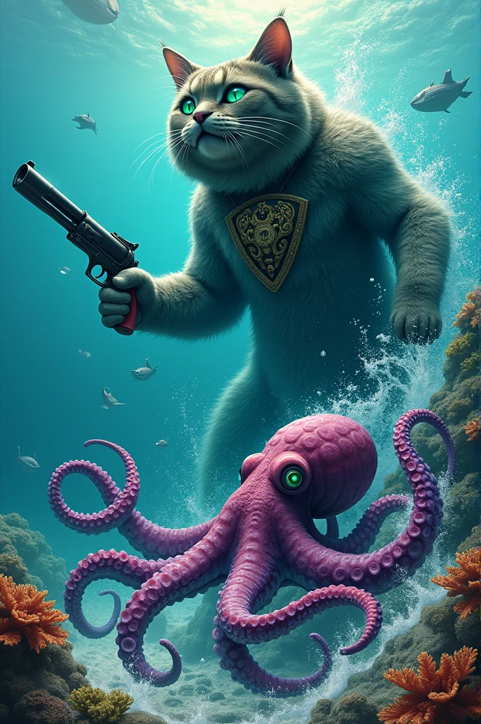 big giant cat. He has a gun in his chest.. He fights a giant octopus in the sea.