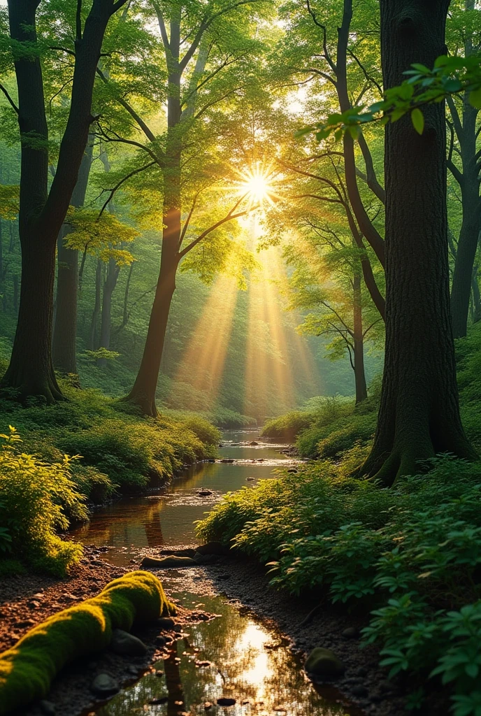 "Imagine a serene forest bathed in the soft glow of a golden sunset. The camera slowly glides through lush greenery, where tall trees sway gently in the breeze, their leaves whispering secrets to the wind. A tranquil stream flows beside a moss-covered path, reflecting the warm hues of the setting sun. Birds chirp melodiously in the distance, and the air is filled with the scent of pine and earth. As you walk along, each step brings a sense of peace and connection to the natural world, inviting you to leave behind the worries of the day and embrace the calming rhythm of nature."