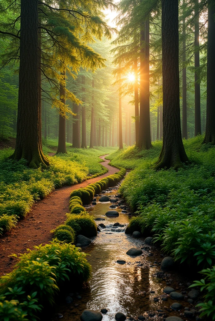 "Imagine a serene forest bathed in the soft glow of a golden sunset. The camera slowly glides through lush greenery, where tall trees sway gently in the breeze, their leaves whispering secrets to the wind. A tranquil stream flows beside a moss-covered path, reflecting the warm hues of the setting sun. Birds chirp melodiously in the distance, and the air is filled with the scent of pine and earth. As you walk along, each step brings a sense of peace and connection to the natural world, inviting you to leave behind the worries of the day and embrace the calming rhythm of nature."