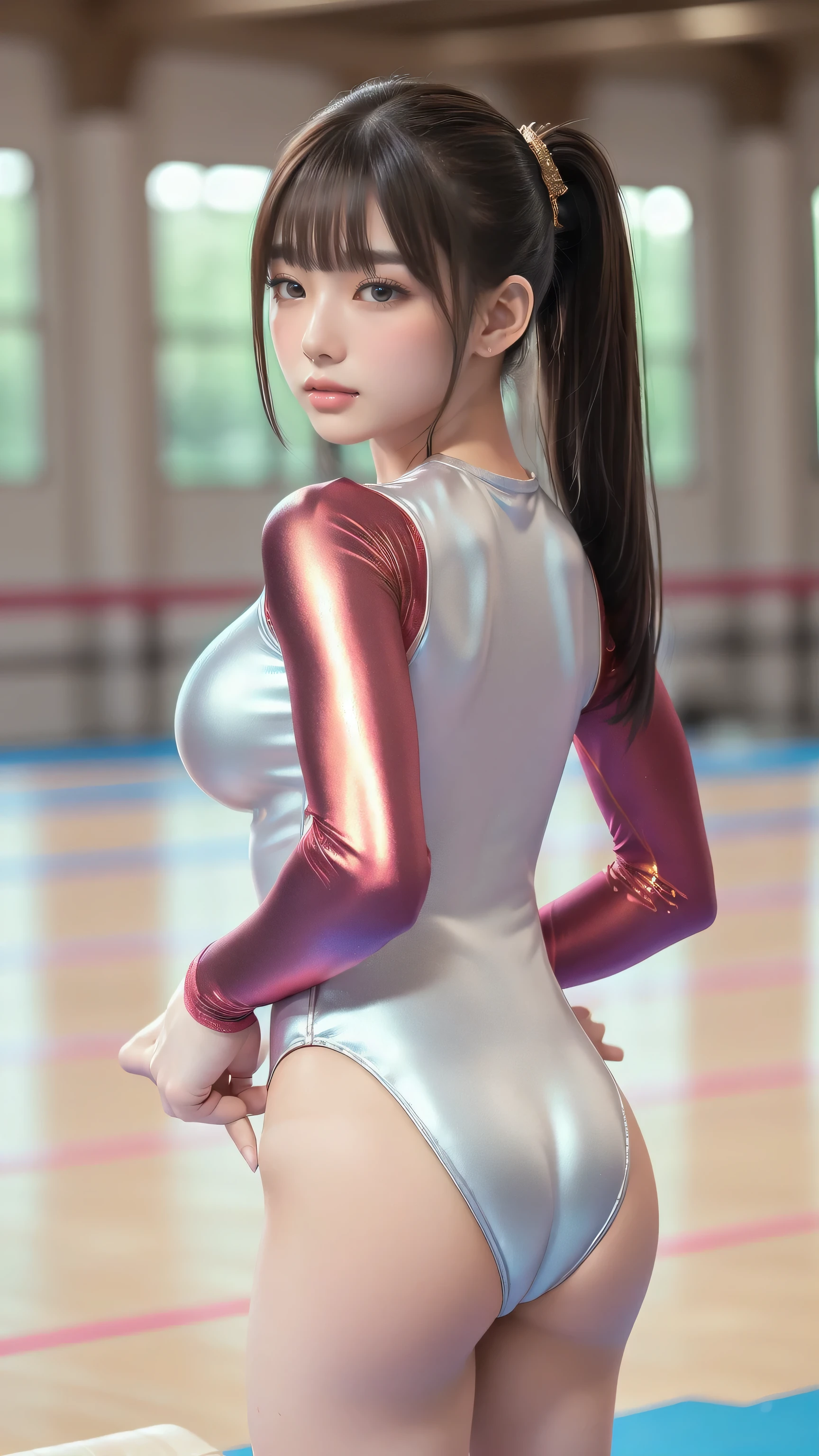 ((indoor, 新Gymnastics competition venues, Gymnastics competition venues:1.3)), Vibrance, Natural colors, (Highly detailed skin, Beautiful realistic face, White skin, Pointed Chest, Small nipples, Accurate anatomy, Realistic eyes, Natural Eyes, Brown eyes, Accurate eye focus, Accurate limbs), (Hyper Realist, ultra-realistic, 4K, Attention to detail, Ultra-high resolution, Highest quality, masterpiece, Presence, dynamic, Uplifting, bold, Sharpness), (Thinning hair:2, Soft Hair:2, Straight hair:1.5, Long, slicked bangs, Light copper amber hair, Hair on one eye, Twin tail hair), (Female gymnast, Detailed costume, Wearing a long sleeve leotard:1.5), Shiny long sleeve leotard, Metallic colors long sleeve leotard, Racing long sleeve leotard, Gymnastics Long Sleeve Leotard, ((High leg long sleeve leotard, A long-sleeved leotard with lots of Swarovski embellishments)), ({Metallic red color| Metallic purple color| Metallic white color| Metallic navy color| Metallic pink color| Metallic gold color| Metallic silver color| Metallic black color| Metallic colors}Long sleeve leotard colors), (Big Breasts:1.5), Tall, Elongated arms and legs, Small waist, Small hips, ((On all fours, Doggy style, I'm sticking my butt up, Sticking out her butt)), Accentuate your buttocks, The long-sleeved leotard is digging into her butt, Showing the whole body, Emphasize the chest, Looking into the camera, smile, barefoot, (Underhair does not grow),