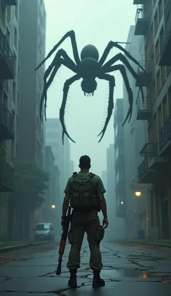 Hình ảnh Trong thành phố hoang tàn âm u vào giữa con đường những tòa nhà cao tầng .
Shocking scene with military officer Tam holding AK 47 gun shooting giant spider Close-up view emphasizes Tam