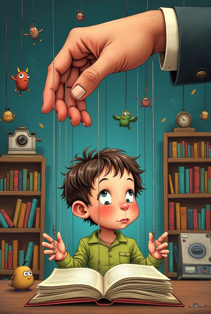 editorial cartoon about a hand with a puppet string but the puppet is the ??? reading a book and the kid is controlled by the strings