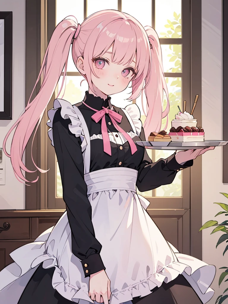 I create an illustration of the character with meticulously detailed facial features, large expressive eyes, accented with pink eyeshadow that gradually fades to a lighter hue near the inner corners. Her soft, delicate makeup highlights her light pink lips and adds a gentle blush to her cheeks. ((Her long twin tails are crafted with soft brown and pink highlights)), tied with sleek black ribbons, flowing gracefully to her waist. Each strand of hair is finely textured, giving a natural, voluminous look. The bangs are neatly trimmed, framing her face perfectly. She wears a classic maid outfit, with a black dress, short skirt, white apron with ruffled trim, and pink ribbons on the sides, paired with black thigh-high stockings. Her calm expression and gentle smile exude elegance, as she holds a tray of parfait desserts. The overall aesthetic is soft, cute, subtly sexy, with a strong emphasis on the beauty of her face and hair, bringing out intricate, realistic details.