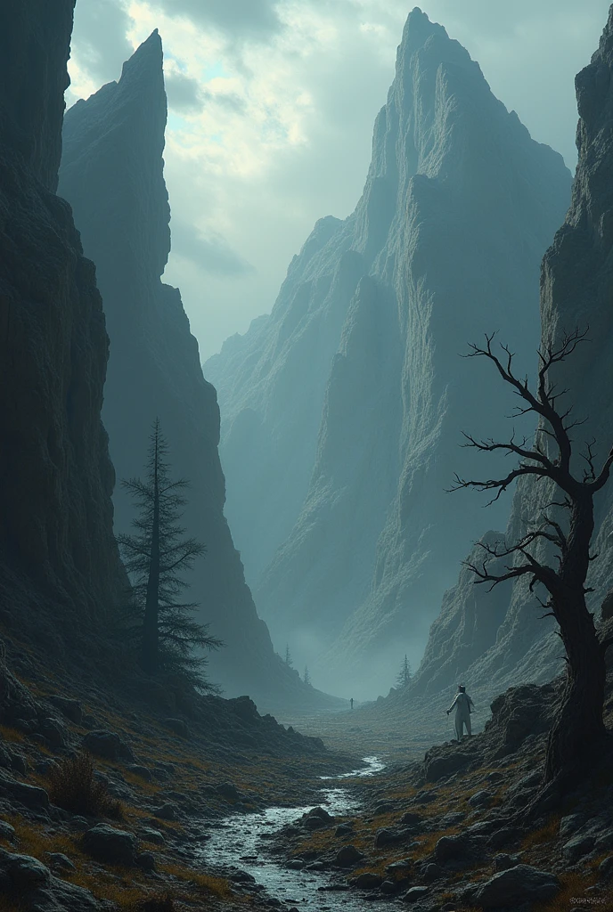 Desolate and chaotic landscape. Shadows move unnervingly, eerie whisper fills the air.