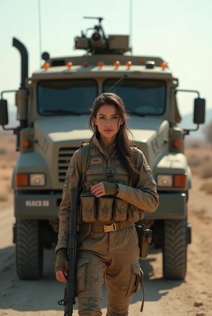 Alafed truck with gun on back, Afghan fighters, French special forces, heavily armed, Taliban, Kurdish soldiers, heavily armored, military vehicle, military weapons, military equipment, truck, camouflage, special forces security, modern military equipment, carrying rifle, gun mounted on shoulder, gun posing in front of truck A female soldier, ((masterpiece, highest quality, Highest image quality, High resolution, photorealistic, Raw photo, 8K)), ((Extremely detailed CG unified 8k wallpaper)), (huge stunning goddess shot, very hot and sexy, jaw-dropping beauty, perfect proportions, beautiful body, slim body beauty:1.4),  