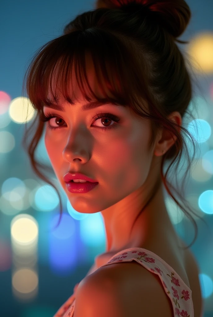 Very detailed、masterpiece、Highest quality、Ultra-high resolution energy A、8K high resolution、Photogenic transparency、Detailed eはい、Gradation、Perfect anatomical figure , Nikon Z9 80mm Lens, short hairの美しい, Hair and light eyes, Vibrant, Colorful lights and bokeh. The lighting casts a warm glow on her face and hair......, Blue glow, Water surface reflection, Creates a dreamy and magical atmosphere、(Hotel Rooms、Blurred night view of a big city from a window:1.8)、Completely naked、(Big Breasts、Beautiful feet:1.6)、(Brown Hair、short hair、Hair Bun、bangsが揃っている、Trendy Korean Makeup:1.4), Scapula, Glowing Lips,Genuine, bangs, (Golden ratio face、plump lower lip、Pink blush on cheeks、Pink Lips:1.4)