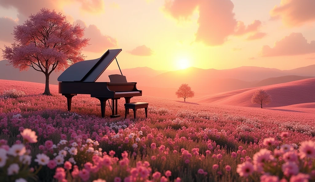  A large black grand piano set in a field of pink and white flowers. The flowers are lush and green, spreading toward the horizon. The sun casts a low, warm golden light over the scene, creating a peaceful, serene atmosphere. The sky is rendered in soft shades of orange, pink, and purple, blending beautifully with the distant mountains and hills. The trees scattered in the distance, some large and solitary, add depth to the scene. The overall mood is serene, capturing the beauty of nature in a soft, detailed, photorealistic style.”

Translated with DeepL.com (free version)