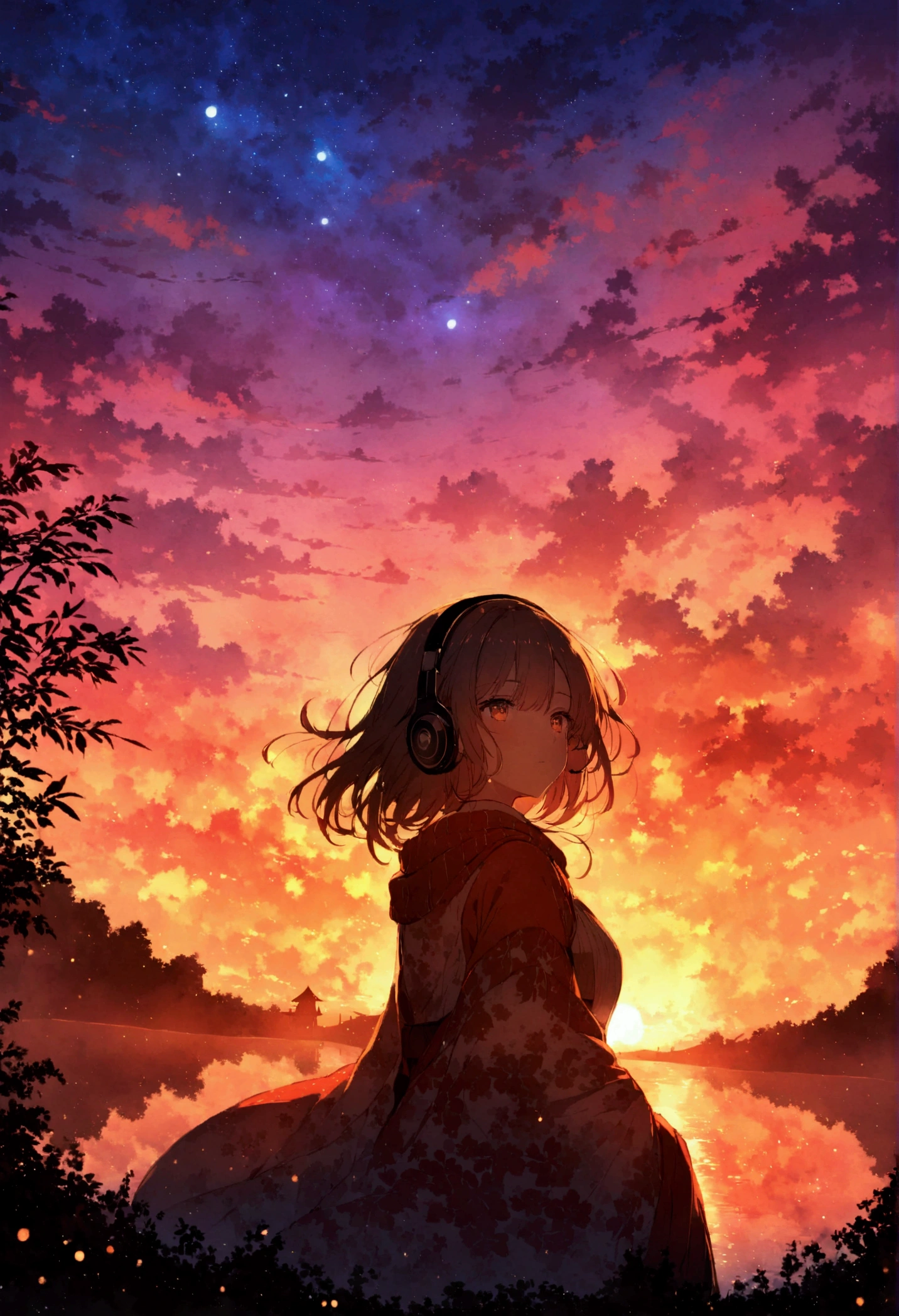 A young woman wearing headphones, I was mesmerized by the beautiful sunset in front of me.. She radiates peace and contentment, As she basked in the beauty of nature,Her eyes reflect the warm colors of the sky. The scene is presented in a beautifully detailed anime-style painting, Capturing the girl's serene expression and the vibrant colors of the sunset. Warm lighting and cozy environment,Make her home warm and comfortable, Enhances the overall sense of tranquility and comfort emanating from the image.
