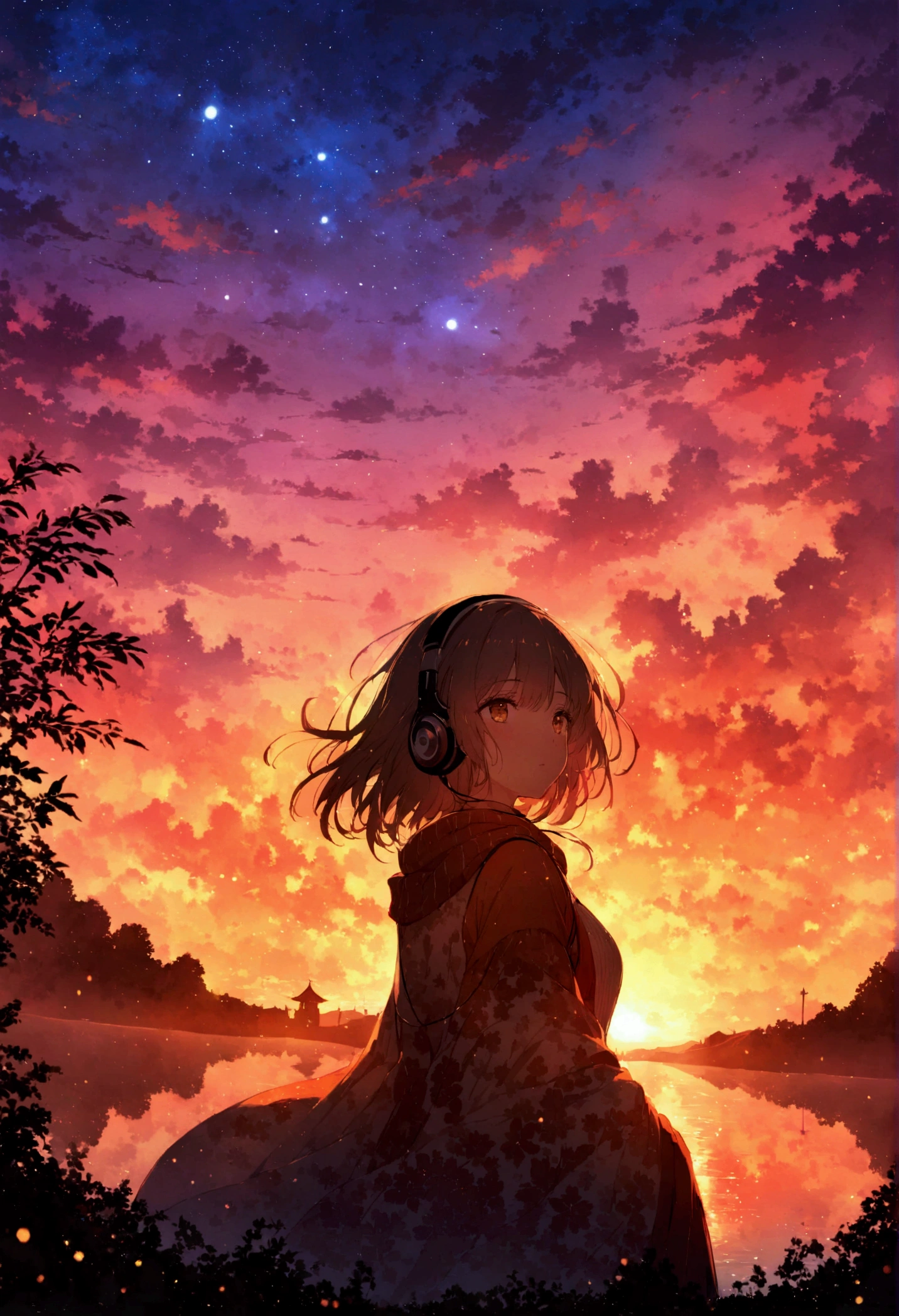 A young woman wearing headphones, I was mesmerized by the beautiful sunset in front of me.. She radiates peace and contentment, As she basked in the beauty of nature,Her eyes reflect the warm colors of the sky. The scene is presented in a beautifully detailed anime-style painting, Capturing the girl's serene expression and the vibrant colors of the sunset. Warm lighting and cozy environment,Make her home warm and comfortable, Enhances the overall sense of tranquility and comfort emanating from the image.