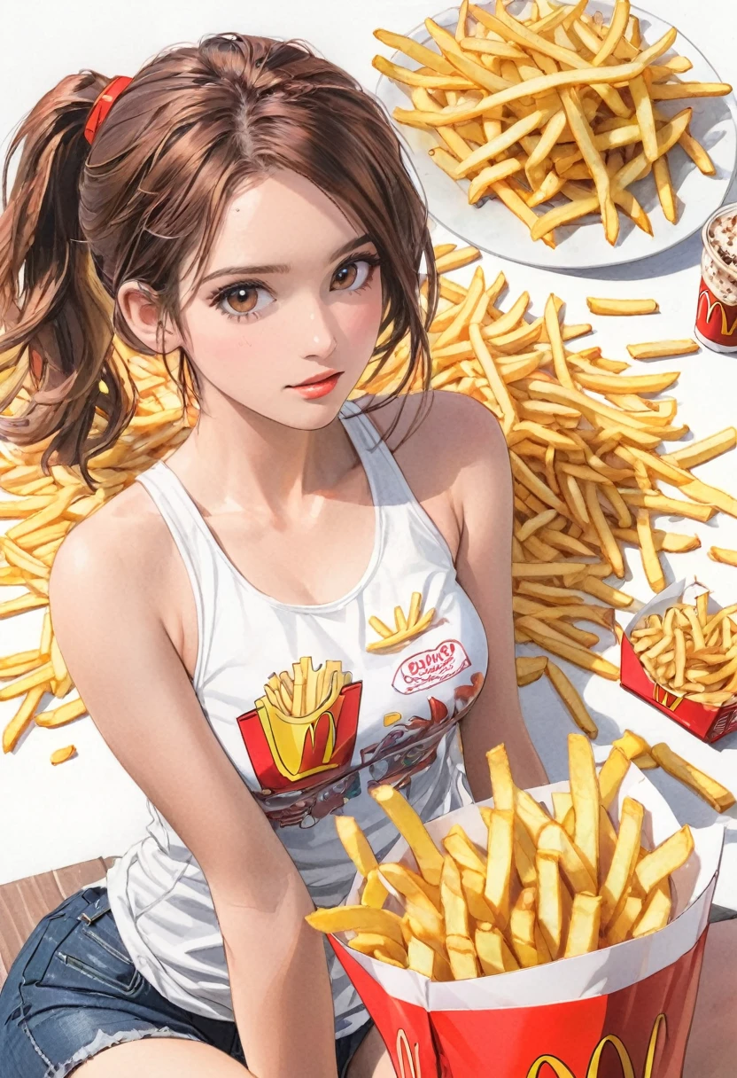 Women, white short camisole vest, McDonald's fries, handheld, white, art, colored pencil sketch, sketch, comic collage, figure