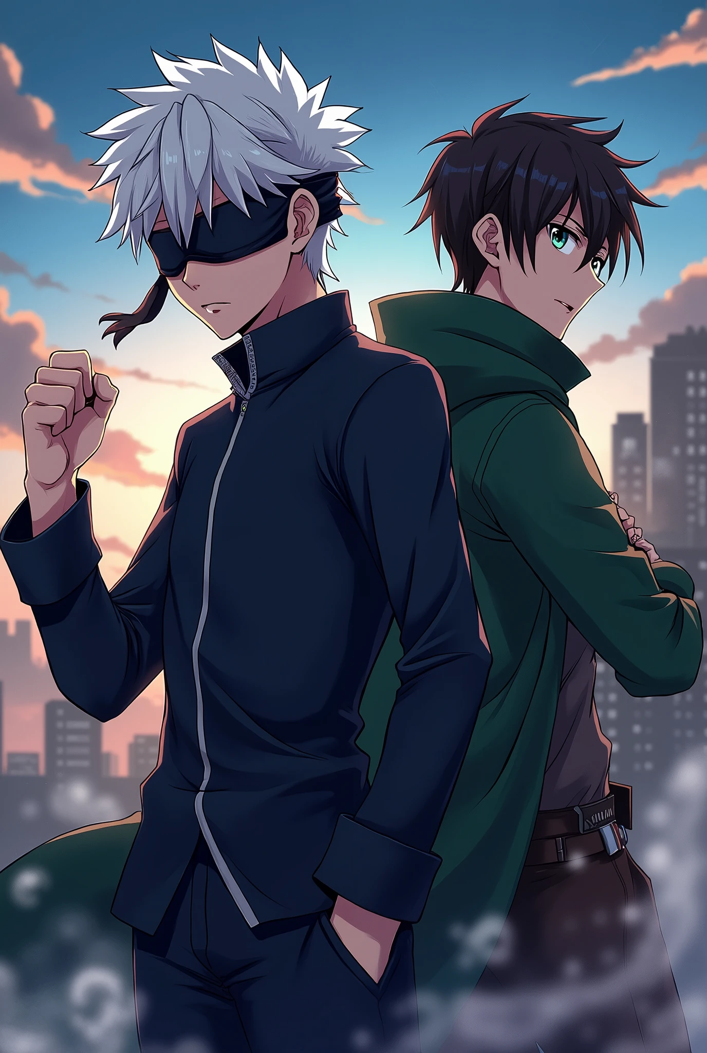 Create an anime-style illustration of  Satoru Gojo from 'Jujutsu Kaisen', Appearance: White hair, blue eyes (often covered by a blindfold or dark sunglasses), wearing a high-collared dark navy blue jacket.
Expression: Determined and confident. Pose: Dynamic fighting stance, fist raised, ready for action.
Create an anime-style illustration of Eren Yeager from 'Attack on Titan': Appearance: Dark brown hair, green eyes, wearing the Survey Corps uniform with a green cape.
Expression: Intense and determined.
Pose: Standing strong, with a serious or fierce expression, ready for battle.
Background:  Post-apocalyptic landscape with towering walls and a hint of titans in the distance