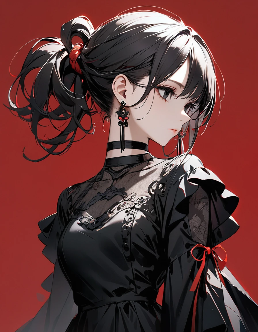 best quality, beautiful, hair tie, 8K, expressionless, side body, head tilt look view, black eyes, slim, dress, earrings, choker, concept, red background