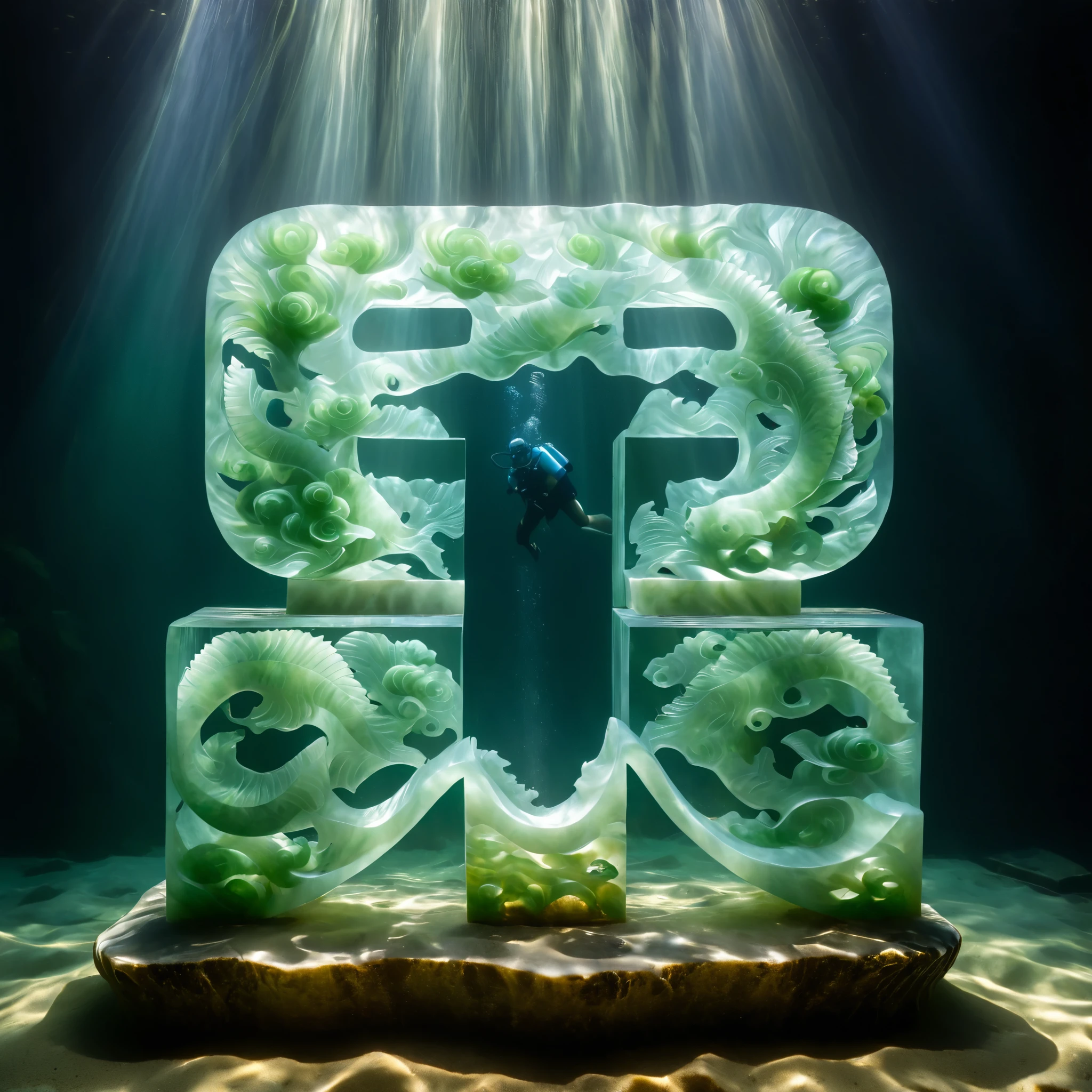 (best quality,4K,8K,high resolution,masterpiece:1.2),Extremely detailed,(Practical,photoPractical,photo-Practical:1.37),Carved jade,diver,scuba diving,Blue Ocean,soda water,Underwater exploration,Peaceful environment,Sunken treasure,exquisite craft,Beautifully carved figures,Rich green hue,Master Carver,Traditional Chinese Art,Precise details,Jade carvings reflected in water,Calm expression,diver's mask and gear,fish swimming alongside the diver,The dim sunlight penetrates the water,Stunning underwater scenes,Bright colors,Smooth polished surface,Sculptured ocean waves in the background,Attention to detail,Translucent jade material,Fascinating marine life,Peaceful underwater world,Jade carving depicting marine life,Subtle light,Ethereal Beauty,Underwater coral reef,diver's interactions with sea creatures,A true display of water test,Fascinating underwater lighting and shadows,Practical depiction of diver's movement,Subtle texture on the engraved surface,Carved jade plants surrounding the scene,Glittering reflections on carvings,waves gently caressing the diver,Mysterious atmosphere,exquisite craft,Immersive underwater adventure,Seamless integration of jade carving and underwater environment,Compelling visual storytelling,A stunning depiction of underwater tranquility