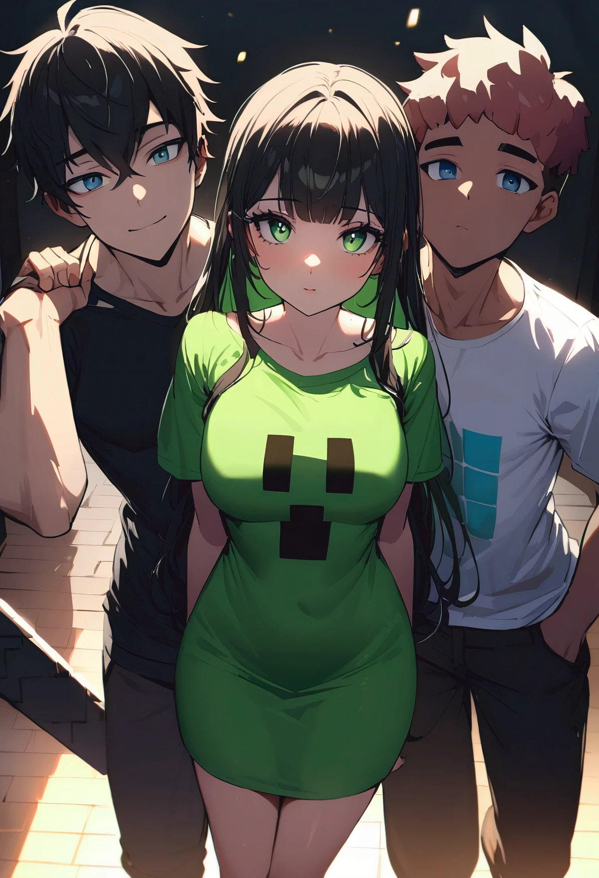 Three friends, A beautiful sexy girl, 2 handsome boys, minecraft t-shirt dresses, looking at the viewer