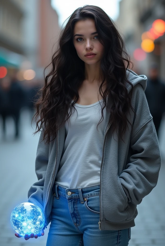 A modern superhero looks like Lyanna Stark. She has very long curly dark hair and light silver eyes. She has pale white skin. She's in her undercover personality. She's wearing jeans, t-shirt and hoodie. She looks young and pretty. She has ice power in hand. She's looking shy. She's pretty and She has girly type of beauty with cute face. She's slavic. She has clean face with no wrikles.