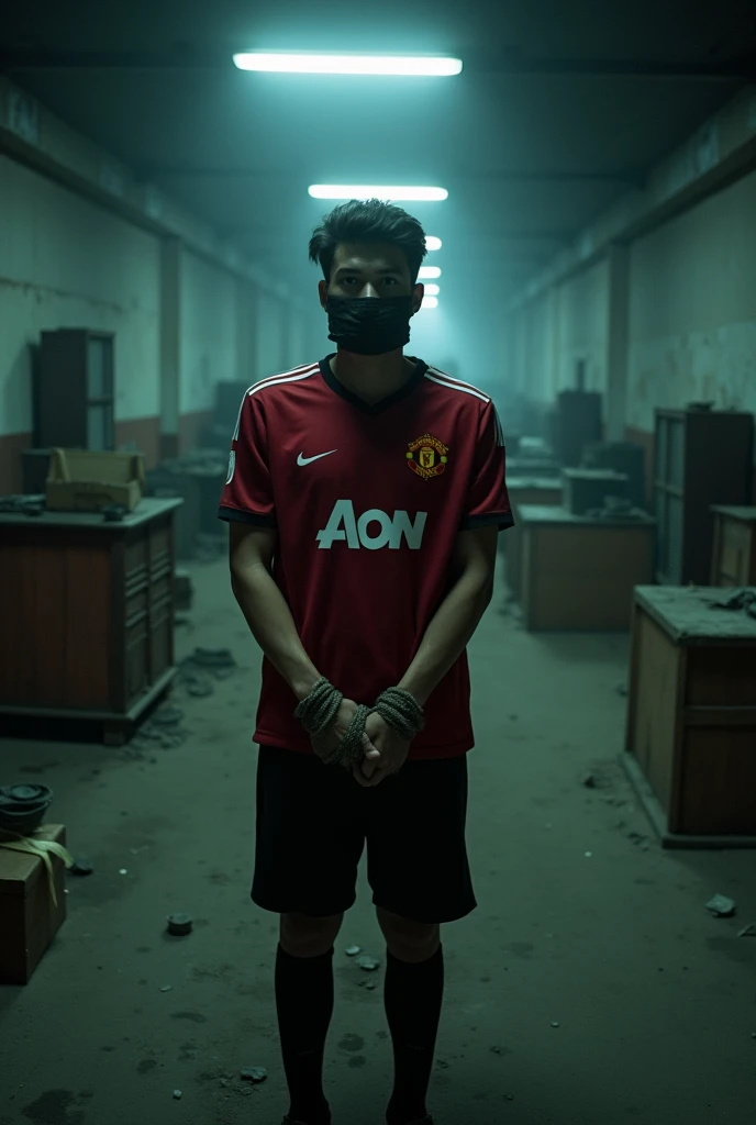 The 18-year-old student wearing a Manchester United football shirt was kidnapped, his hands tied behind his back and his mouth gagged with tape.