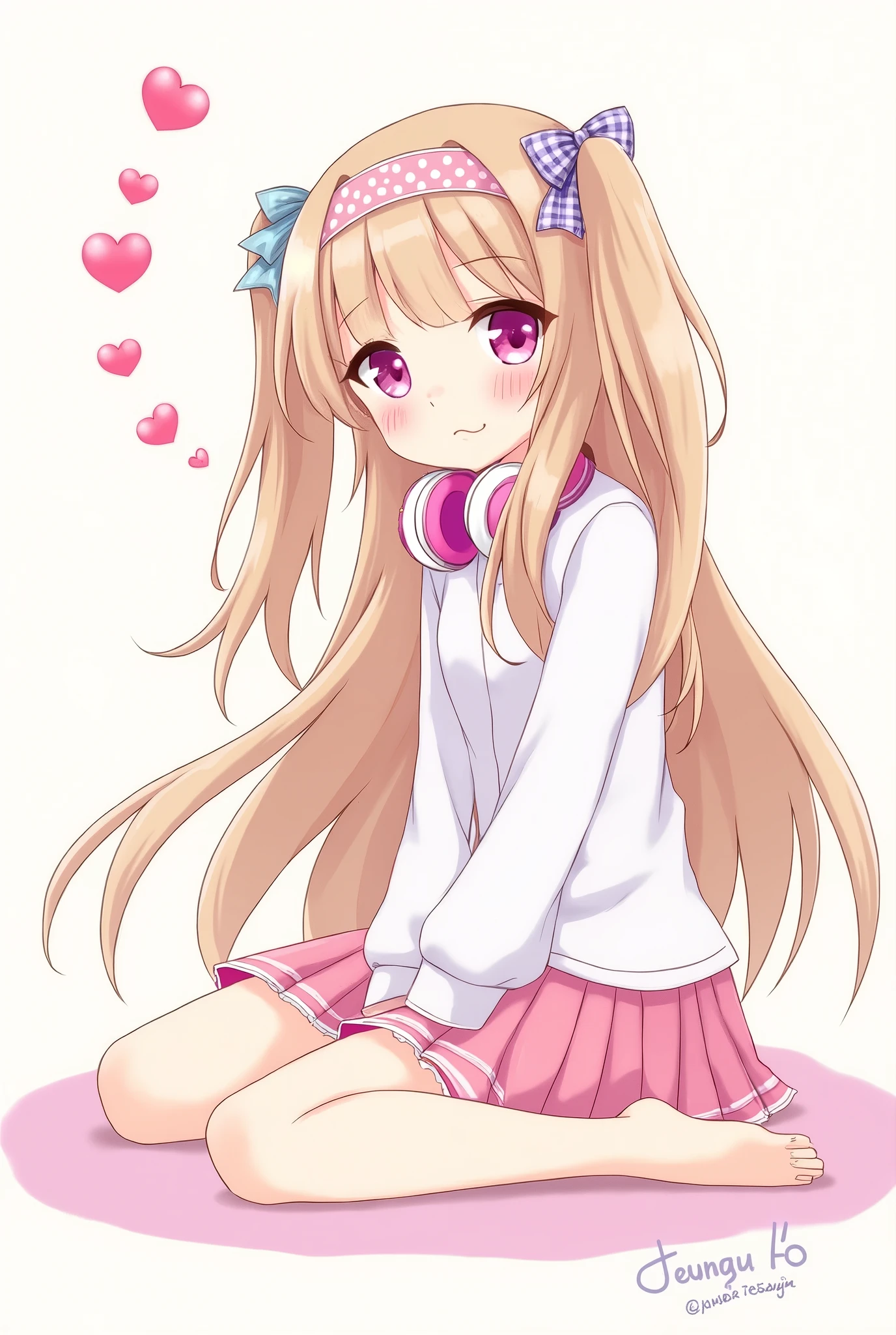 One person, Long Hair, Gaze, Bangs,Half pigtails Close your mouth, Pink eyes, Droopy eyes, Open your eyes, Take a closer look, Hearts in eyes, Simple Background, ribbon, Headband, ribbonヘアアクセサリー, earphone, Illustration, anime, anime風, skirt
