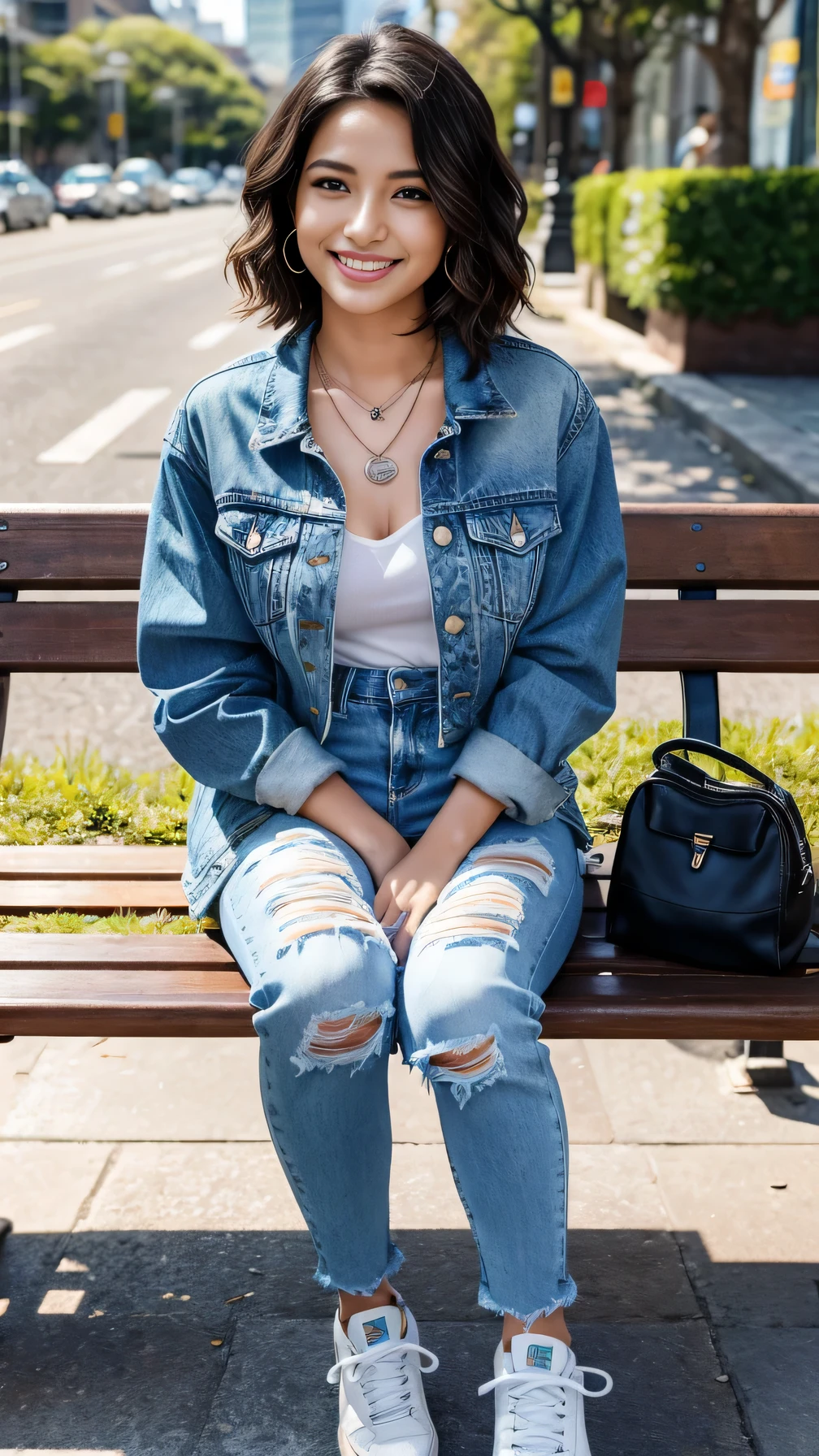 Super Resolution、Clear Brazilian woman、Full body photo、sitting on a park bench、、short hair、Wavy Hair、ear piercing、、necklace、Denim jacket、shirt、Skinny jeans、sneakers、、smile、Beautiful teeth alignment