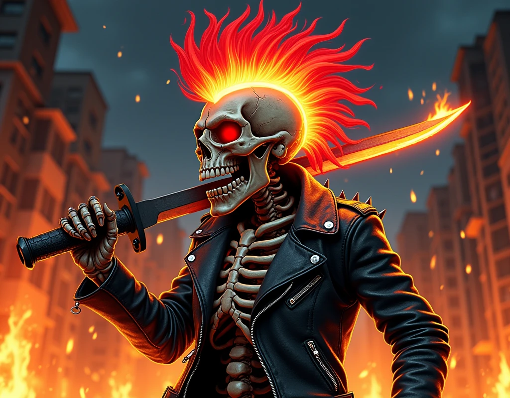 Flaming punk skull with red mohawk, 1 skeleton, wide open mouth, detailed teeth, red eye sockets, scary style, high contrast, (best quality, 4k, 8k, high resolution, masterpiece:1.2), ultra-detailed, (realistic, photorealistic, photo-realistic:1.37), HDR, UHD, sharp focus, flat illustration, bold lines, (punk, rebel, aggressive: 1.2), he wears a leather biker jacket (punk, rebel, aggressive), he has a long knife in his hand (Knife: 1.4), he has a burning skull (fire: 1.3), Environment and an urban area on fire (Urban Fire), Night