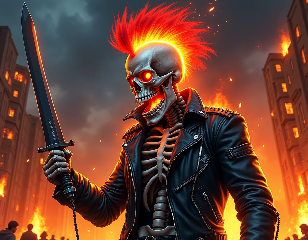Flaming punk skull with red mohawk, 1 skeleton, wide open mouth, detailed teeth, red eye sockets, scary style, high contrast, (best quality, 4k, 8k, high resolution, masterpiece:1.2), ultra-detailed, (realistic, photorealistic, photo-realistic:1.37), HDR, UHD, sharp focus, flat illustration, bold lines, (punk, rebel, aggressive: 1.2), he wears a leather biker jacket (punk, rebel, aggressive), he has a long knife in his hand (Knife: 1.4), he has a burning skull (fire: 1.3), Environment and an urban area on fire (Urban Fire), Night