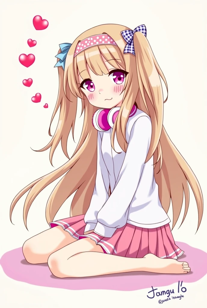 One person, Long Hair, Gaze, Bangs,Half pigtails Close your mouth, Pink eyes, Droopy eyes, Open your eyes, Take a closer look, Hearts in eyes, Simple Background, ribbon, Headband, ribbonヘアアクセサリー, earphone, Illustration, anime, anime風, skirt