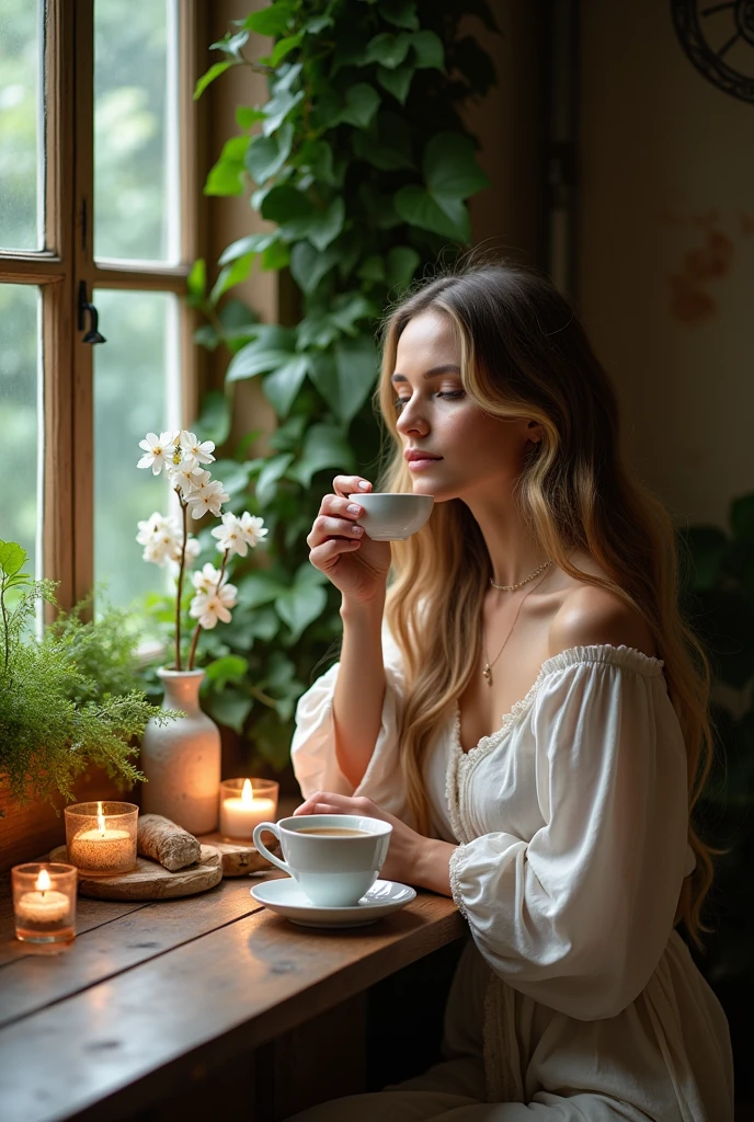 One. Woman drink the tea
