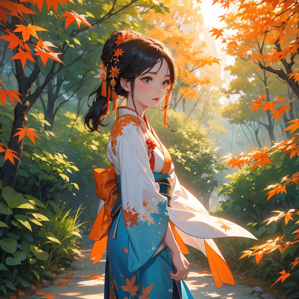 A beautiful female in blue hanfu dress ,  walking in the forest  ,close up, The backdrop is a mountain that turns orange-red in spring, and maple leaves fall from the trees.