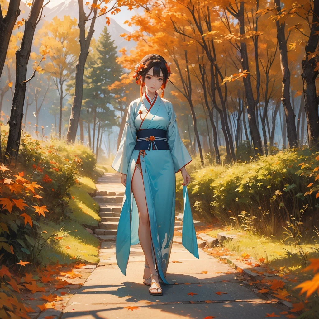 A beautiful female in blue hanfu dress ,  walking in the forest  ,close up, The backdrop is a mountain that turns orange-red in spring, and maple leaves fall from the trees.