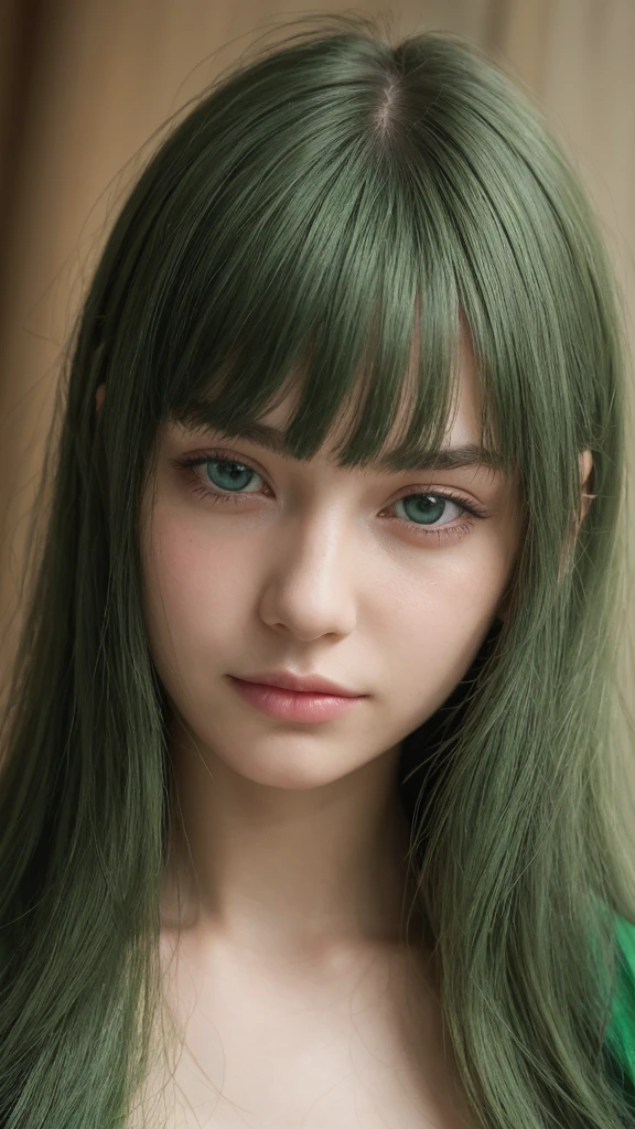 a girl. European. Extremely detailed face. Oval face. Delicate facial features. Half-closed eyes. Long straight hair. Messy hair. Bangs. Green hair. Green eyes. Lustful expression. sad mood. slight smile