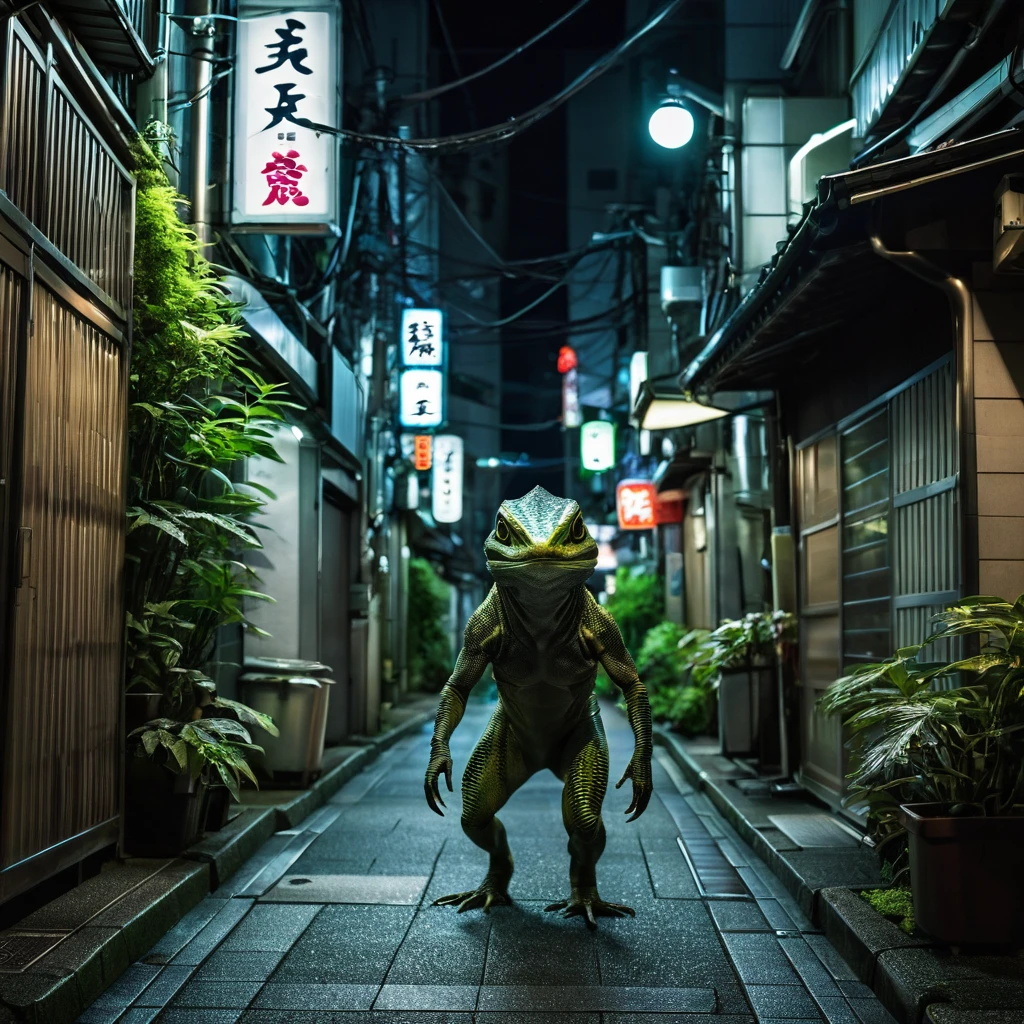 A creature lurks in the night, its surreal appearance, a mix of alien and human lizard, walks through the beautiful alleys of downtown Tokyo