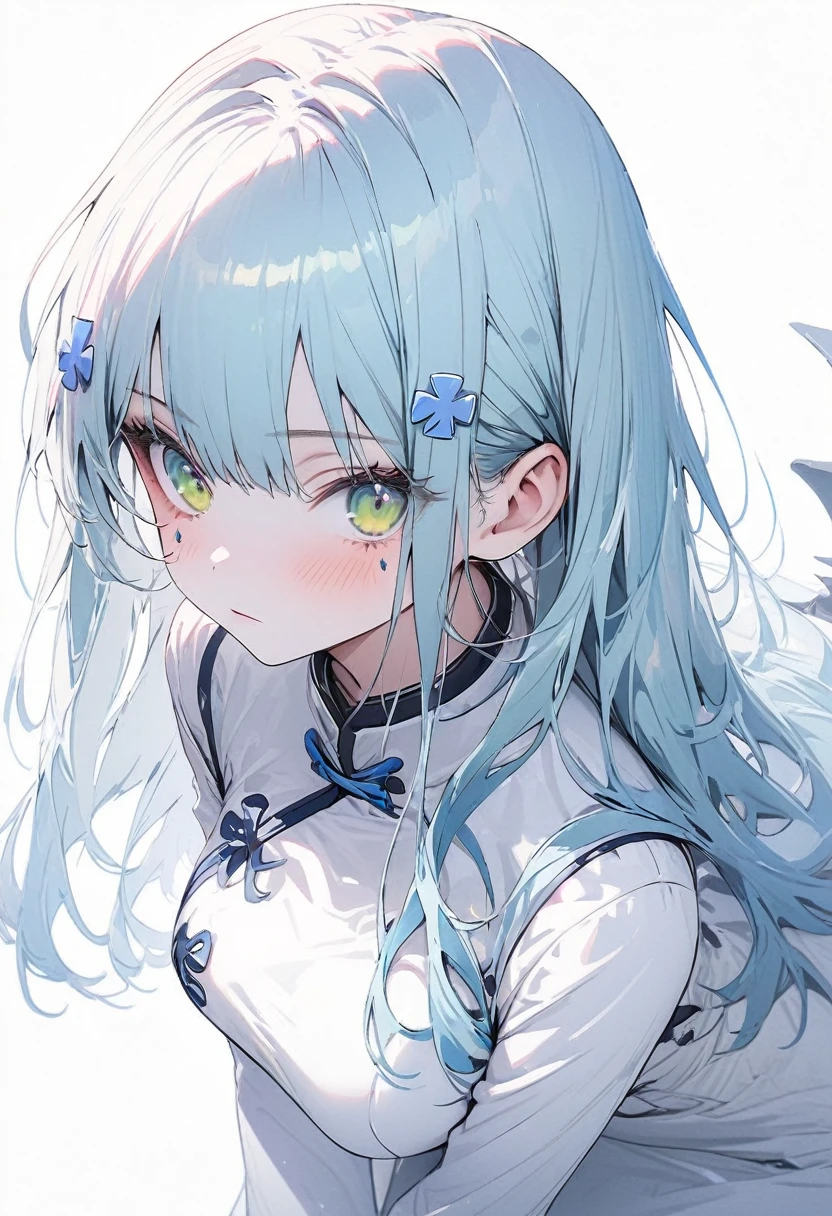 （(One person)），8k,Super detailed,(((High resolution)))，straight hair,Large Breasts,(masterpiece)，Very detailed，Simple Background，Juvenile,A sharp expression,White Background，Cool look,((hk416)) ，(Expressionless)，（(sky blue hair))，((Long Hair))，Teenage Girls,Clear Eyes，(Green Eyes),Clear white skin,Great graphics,full body,standing,kneehighs,clear,Thighs,Beautiful feet,flifted tops by self,White Qipao,Cinema Lighting