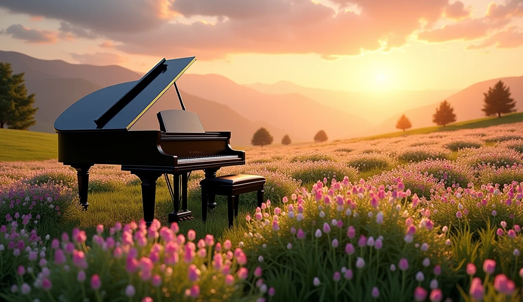  A large black grand piano set in a field of pink and white flowers. The flowers are lush and green, spreading toward the horizon. The sun casts a low, warm golden light over the scene, creating a peaceful, serene atmosphere. The sky is rendered in soft shades of orange, pink, and purple, blending beautifully with the distant mountains and hills. The trees scattered in the distance, some large and solitary, add depth to the scene. The overall mood is serene, capturing the beauty of nature in a soft, detailed, photorealistic style.”

Translated with DeepL.com (free version)