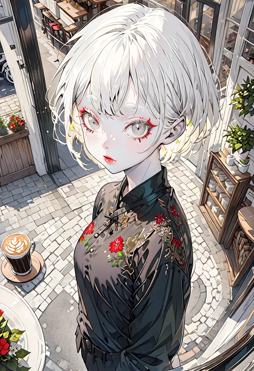 The background is a cafe，(Highest quality,Very detailed,High resolution:1.2),Slim albino girl，Very short white hair,gray bangs，very_long white eyelashes, White eyebrows, White skin，Detailed lips, Cool look, Soft Skin, Shiny Hair,Exquisite makeup,Shot from above，black buttoned shirt，