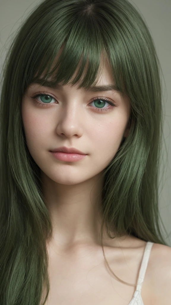 a girl. European. Extremely detailed face. Oval face. Delicate facial features. Half-closed eyes. Long straight hair. Messy hair. Bangs. Green hair. Green eyes. Lustful expression. sad mood. slight smile