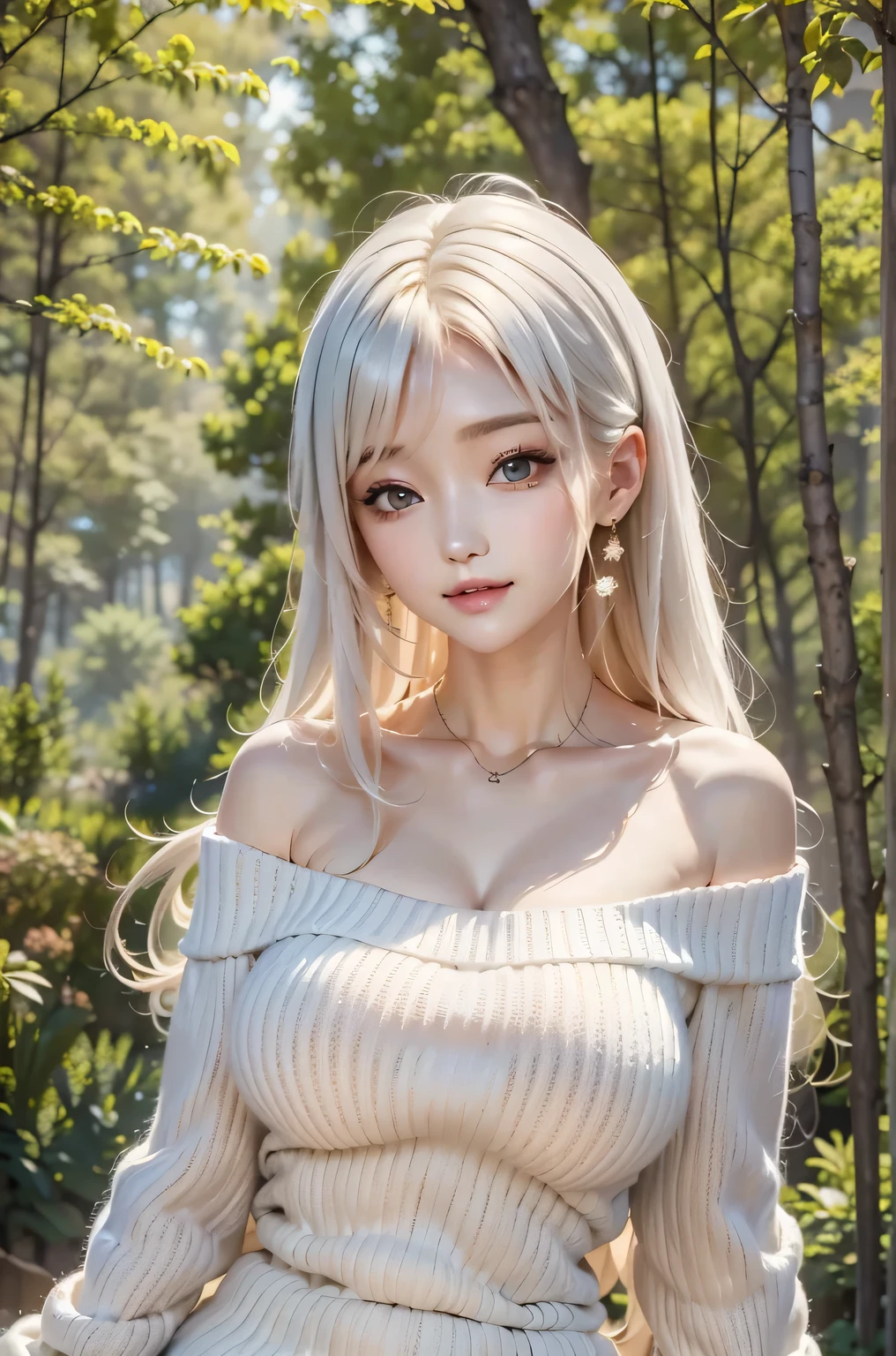 masterpiece, best quality, 1girl, honeystyle, white hair, Sunlight filtering through the trees, off shoulder knit sweater
、large breasts, forest
