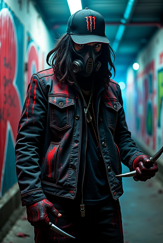 Personnage avec un avec un tageur sur luis avec du noir est des rayures rouges déçu ce tageur des yeux noir avec du vert agenda luisant un masque de respiration qui couvre sa bouche des cheveux tentacules qui traverse sa casquette noir avec la. Marque ou il y a ecris monster énergie des basket noir avec des rayures de montif jaune clair vif sur c'est deux baskets un pantalon avec des trace de peinture vert bleu et rouge sur sont pantalon avec du jaune un pull avec noir avec du rouge du bleu ciens est du vert clair poupre décu une bague gris avec des pique d'acier avec de la peinture agenda rouge est bleu sur sa bague qui est sur sont bras droit avec aussi sur c'est bague des corne d'acier gris des griffes funeste faite de métal sur c'est main qui sont noir avec une substance de l'énergie luisant qui coule est qui dégradé des gris qu'il sont sur c'est main est un côté de combattant dangereux 