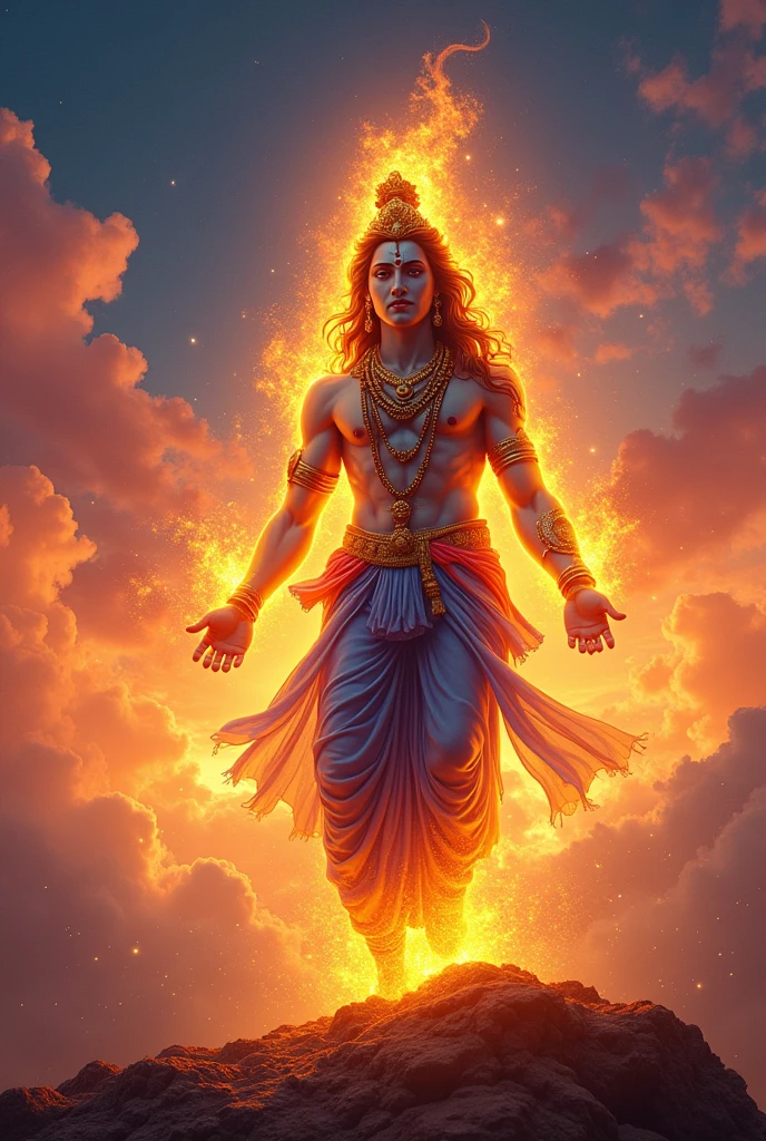 Fire krishna standing in between the sky on snuset