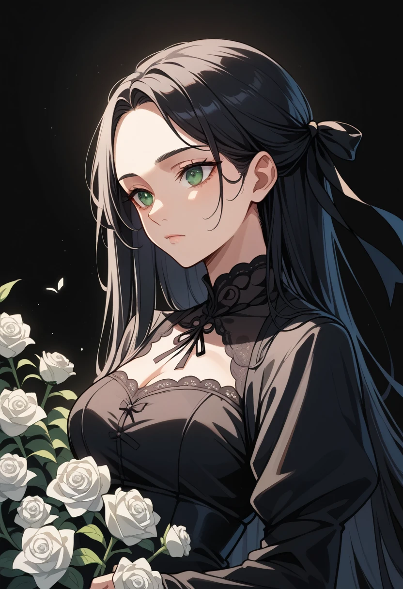 ((masterpiece, best quality)),best aesthetic,1girl, solo, long hair, black dress, flower, ribbon, black background, black hair, rose, hair ribbon, green eyes, long sleeves, white rose, closed mouth, black ribbon, upper body, cinematic lighting