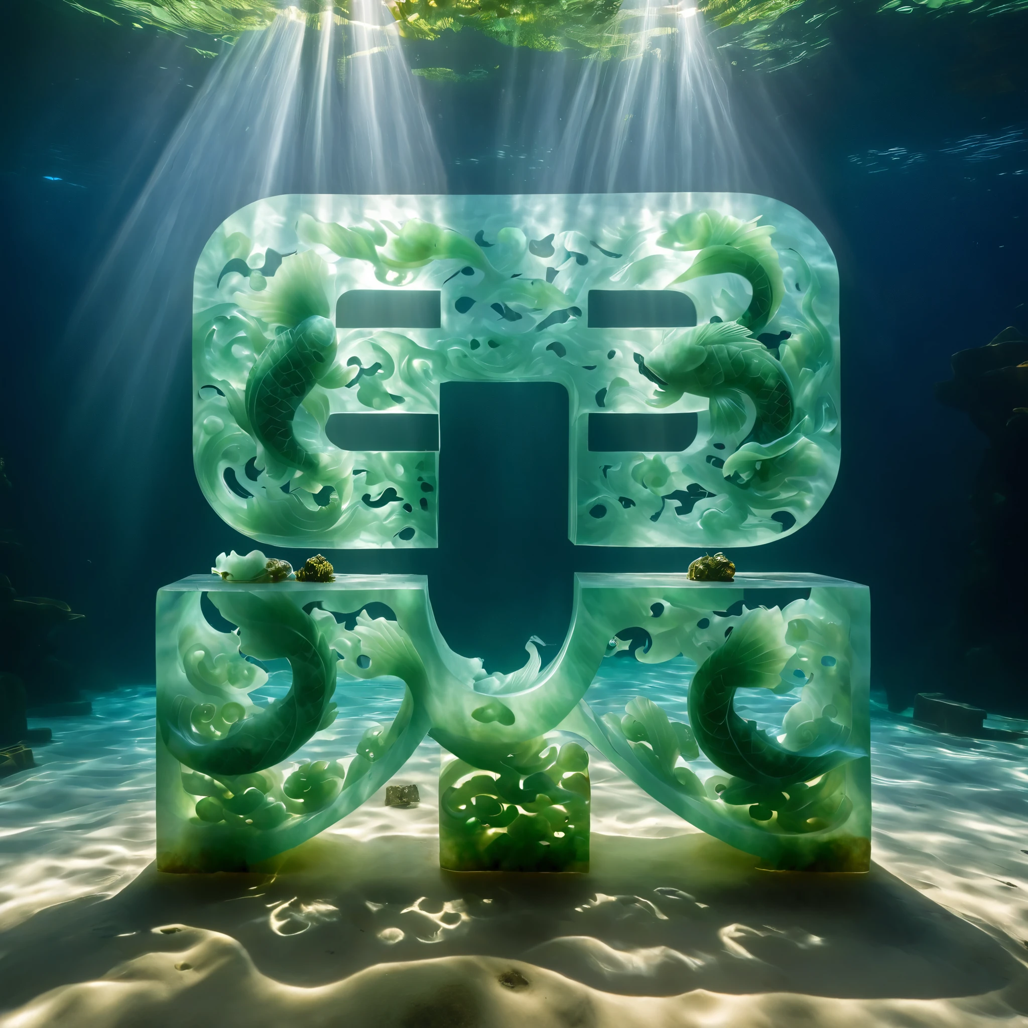 (best quality,4K,8K,high resolution,masterpiece:1.2),Extremely detailed,(Practical,photoPractical,photo-Practical:1.37),Carved jade,diver,scuba diving,Blue Ocean,soda water,Underwater exploration,Peaceful environment,Sunken treasure,exquisite craft,Beautifully carved figures,Rich green hue,Master Carver,Traditional Chinese Art,Precise details,Jade carvings reflected in water,Calm expression,diver's mask and gear,fish swimming alongside the diver,The dim sunlight penetrates the water,Stunning underwater scenes,Bright colors,Smooth polished surface,Sculptured ocean waves in the background,Attention to detail,Translucent jade material,Fascinating marine life,Peaceful underwater world,Jade carving depicting marine life,Subtle light,Ethereal Beauty,Underwater coral reef,diver's interactions with sea creatures,A true display of water test,Fascinating underwater lighting and shadows,Practical depiction of diver's movement,Subtle texture on the engraved surface,Carved jade plants surrounding the scene,Glittering reflections on carvings,waves gently caressing the diver,Mysterious atmosphere,exquisite craft,Immersive underwater adventure,Seamless integration of jade carving and underwater environment,Compelling visual storytelling,A stunning depiction of underwater tranquility