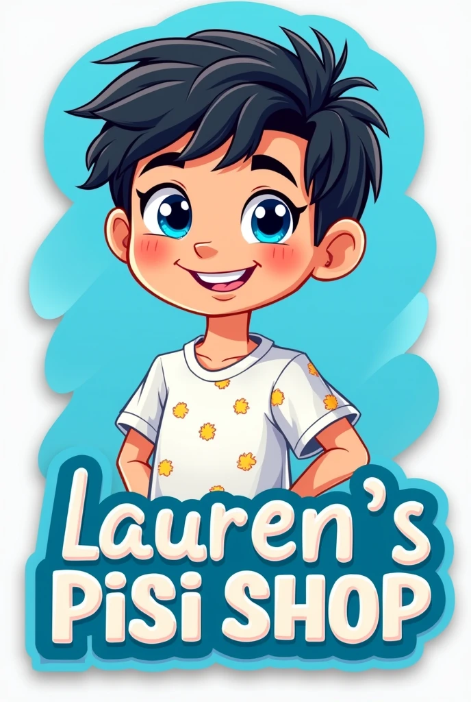 "Lauren's Pisi Shop" Make Me A logo that name, teen cartoon boy, blue and white 